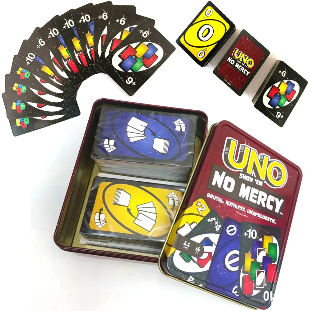 Mattel UNO FLIP! Tin Box Uno No mercy Card Games Family Funny Entertainment Board Game Poker Kids Toys Playing Card