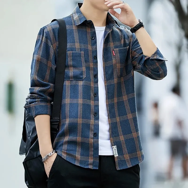 

Fashion Lapel Button Spliced Pockets Lattice Shirts Men's Clothing 2023 Autumn New Oversized Casual Tops All-match Korean Shirt