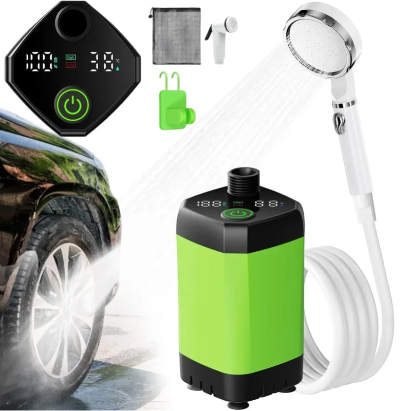 Tragbare Outdoor-Kletterdusche, grüne Campingdusche, USB 6000 mAh, wiederaufladbare Duschpumpe mit Duschkopf und Schlauch für Wandern, Camping, Reisen, Strand, Haustierreinigung, Autowäsche, grün