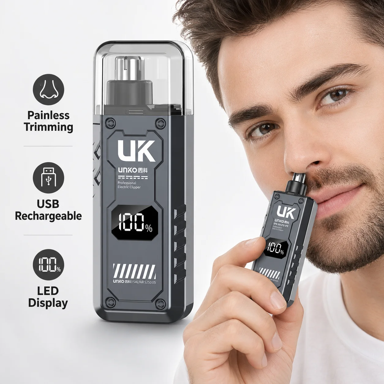 Men's Nose Hair Trimmer USB Rechargeable Ear Hair Remover Waterproof Grooming Kit LED Display Portable Facial Hair Clipper