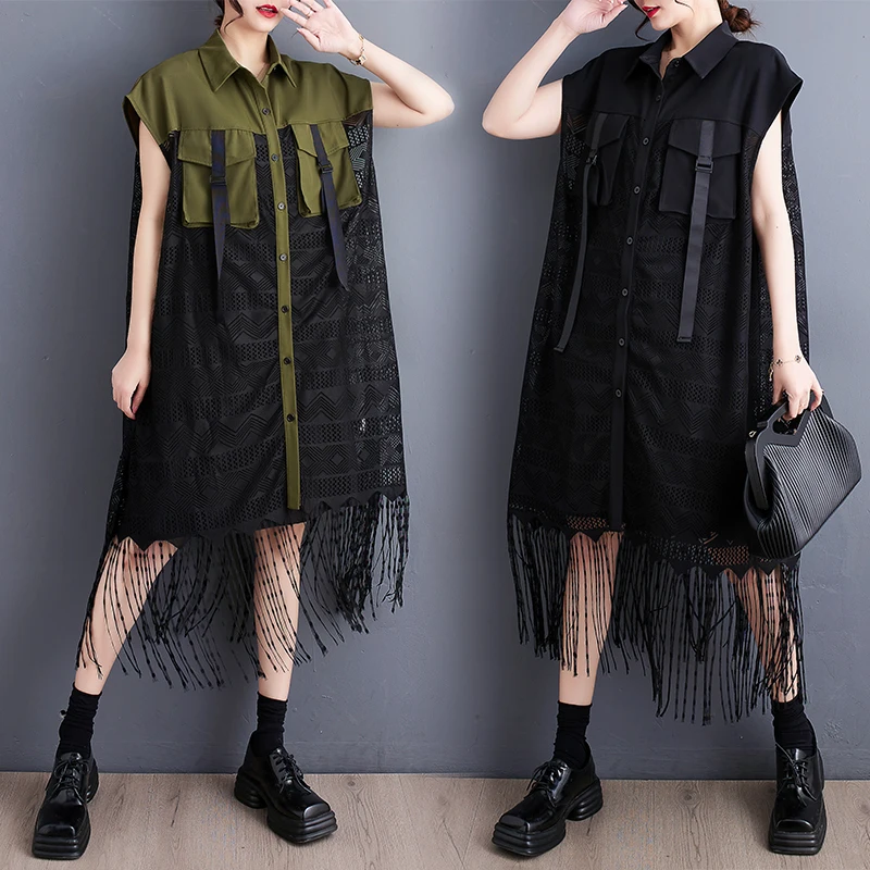 Hong Kong Sle dentelle irt Dr Color Blo Me épissure ort Sve jupe longue fermeture à bouton unique trajet taille ample De...