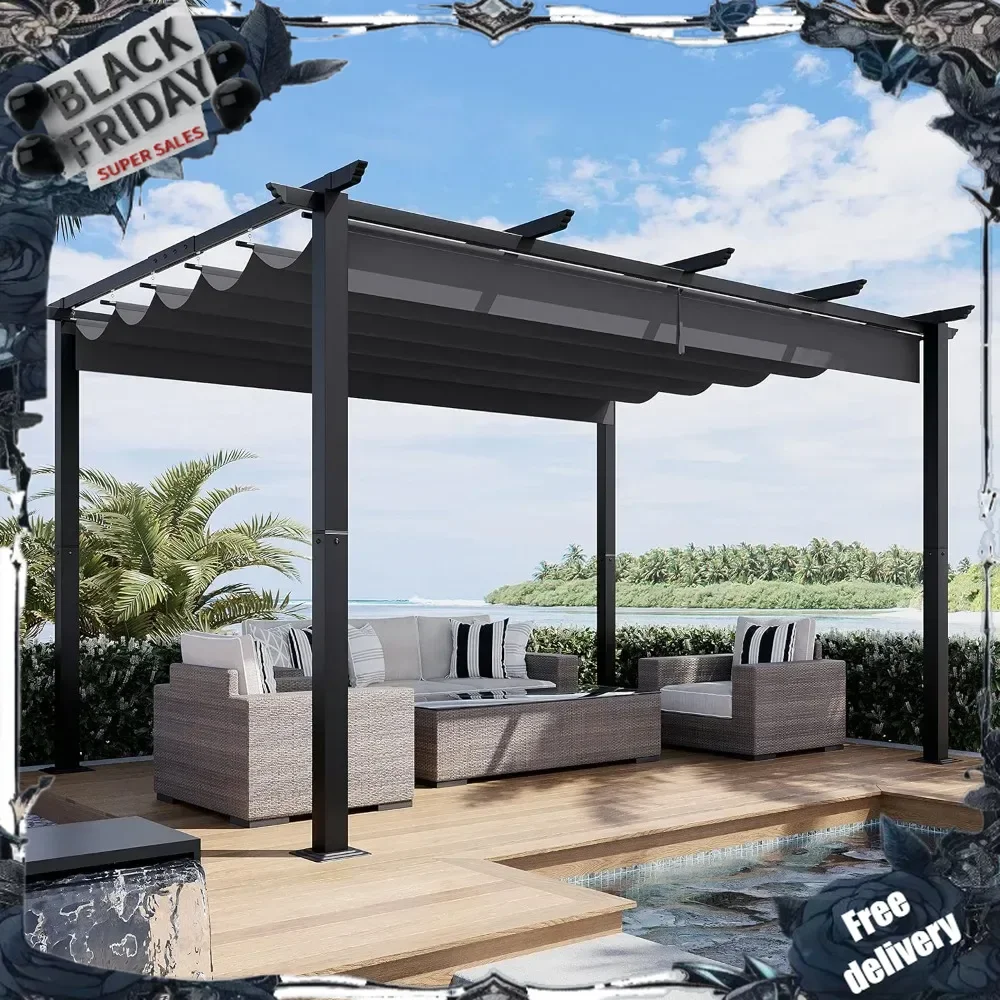 

10' X 13' Outdoor Retractable Pergola with Sun Shade Canopy Patio Metal Shelter for Garden Porch Beach Pavilion Grill Gazebo