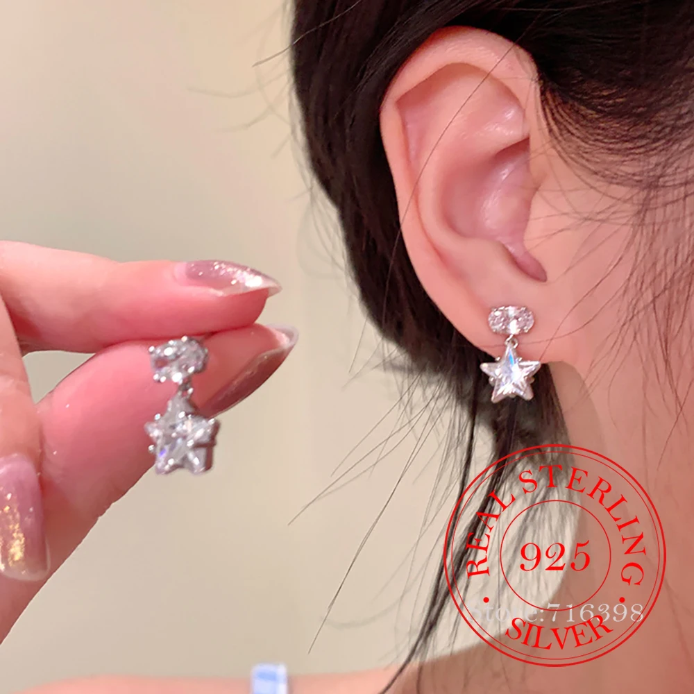 

925 Sterling Silver Jewelry Luxury Crystal Blue Star Stud Earrings for Women Wedding Party Jewelry For Girls Friend Gift