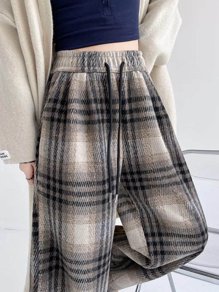 Blue Woolen Angora Plaid Wide-Leg Pants Women Autumn and Winter Guangzhou Thirteen Lines Zhengzhou Fleece-lined Thickened Cas...