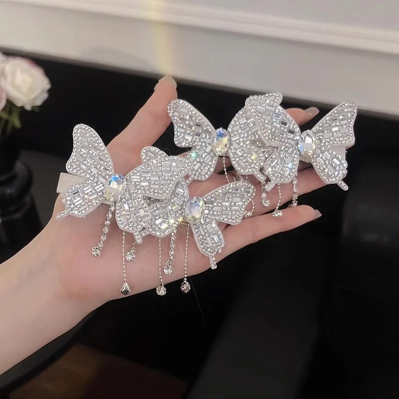 

Smart butterfly hairpin light luxury shiny diamond butterfly tassel fairy temperament edge clip word hairpin