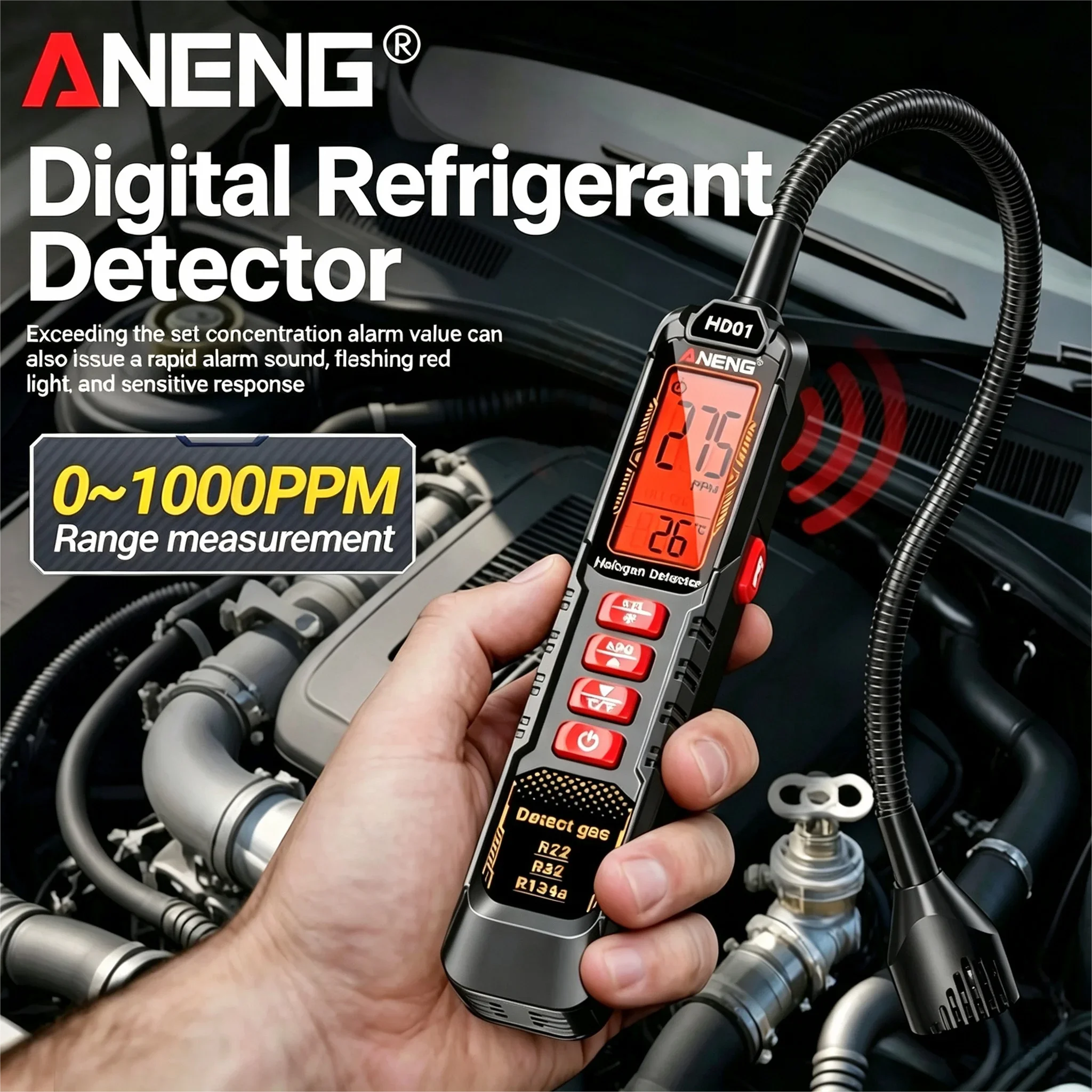 Digital Refrigerant Detector High Sensitivity Tester ANENG HD01 R22 R32 R134a Multi-functional 0~1000PPM Gas Detection Test Tool