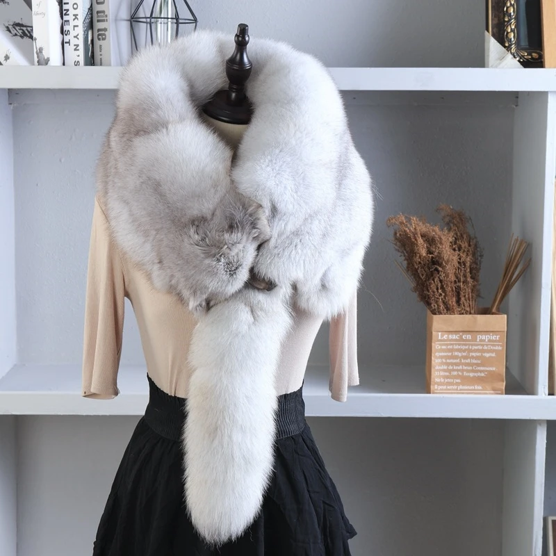 Winter versatile white men and women whole real fur collar fox scarf whole real fur winter warm scarf shawl party Christmas