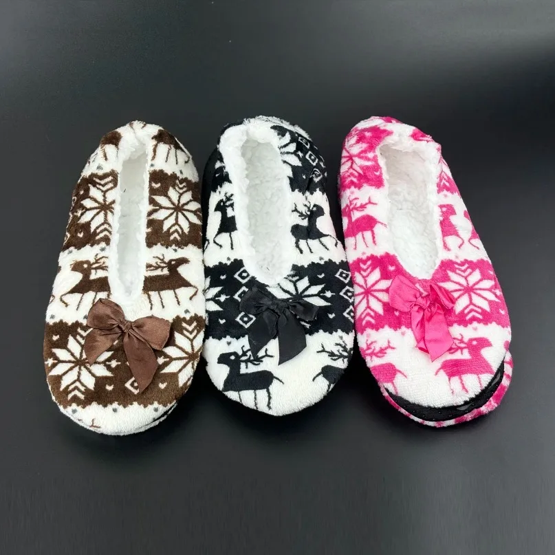 Winter Warm Slipper Women Bow Knot Snowflake Fur Skid Grip Cute Funny Indoor Home House Fluffy Shoe Female Floor Christmas