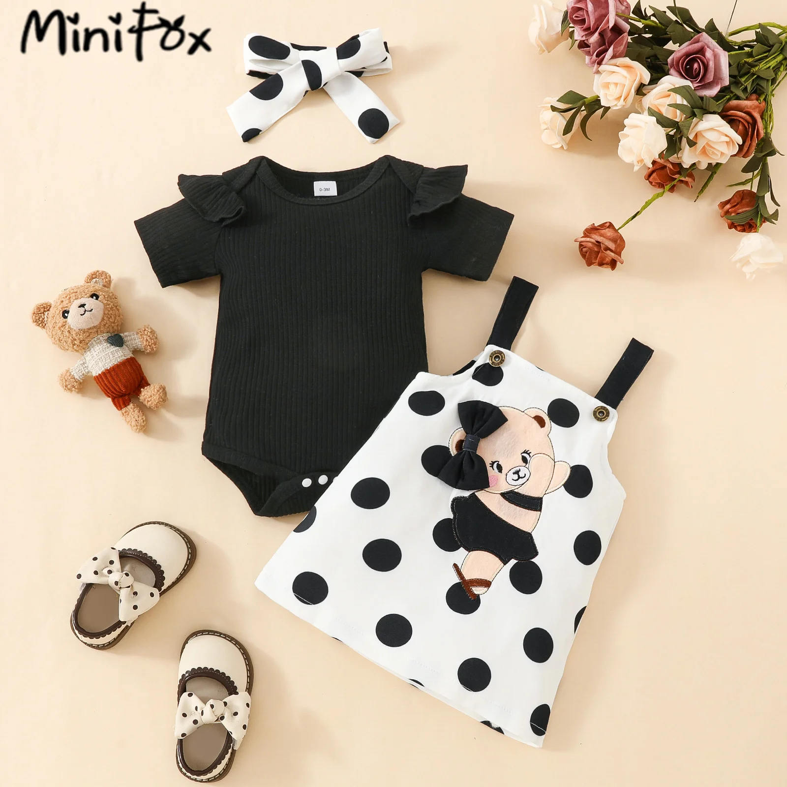 Prowow Baby Dresses Girls Summer 3pcs Outfit Sets Black Romper and Dots Bear Dress For Newborns Infants Baby Girls Clothing