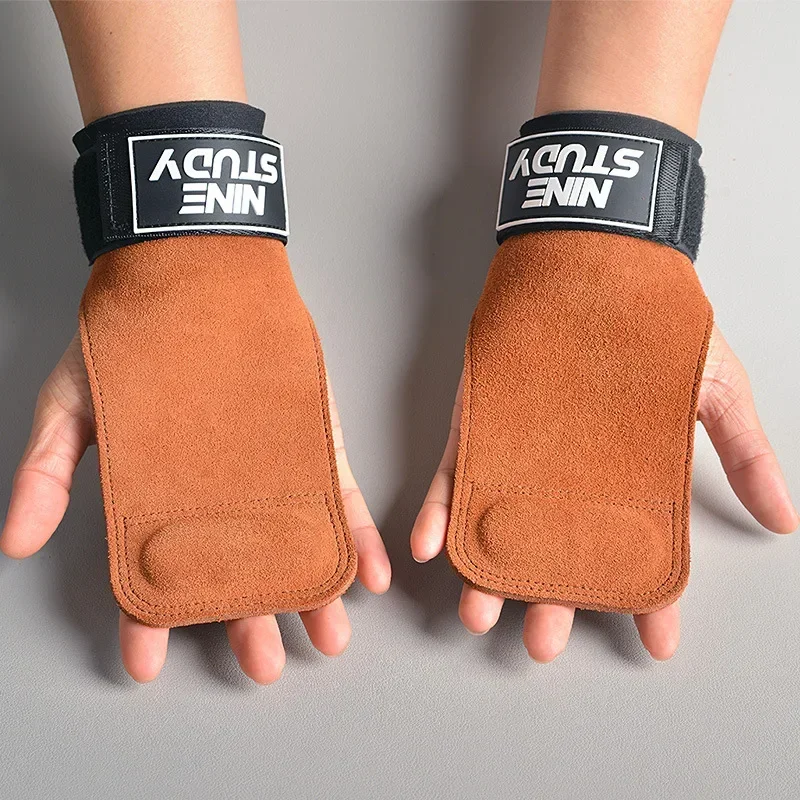 Guantes de microfibra de cuero de vaca para gimnasio, correas antideslizantes, almohadillas de levantamiento de pesas, protección para ejercicio, 1