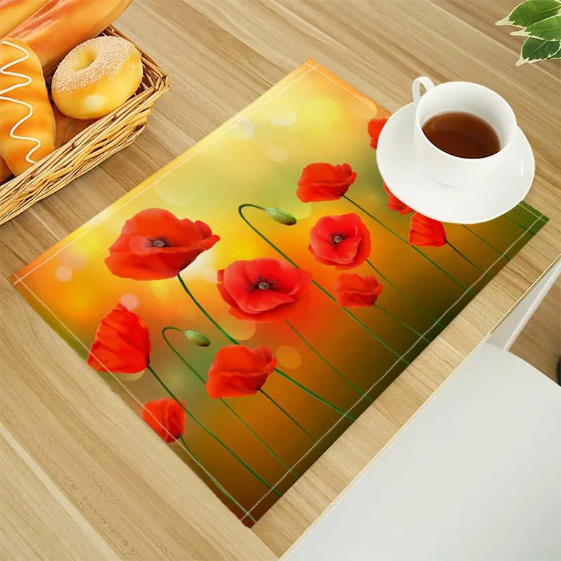 الخشخاش الزهور طباعة الكتان طاولة طعام الحصير الأبجدية المطبخ تحديد الموقع 32X45cm الوقايات منصات وعاء كأس حصيرة