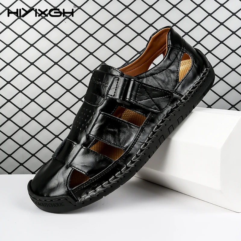 

Новинка 202, мужские кожаные сандалии ручной работы, сандалии на плоской подошве, модные мужские сандалии, подходящие для пляжного отдыха, летние коричневые нескользящие сандалии