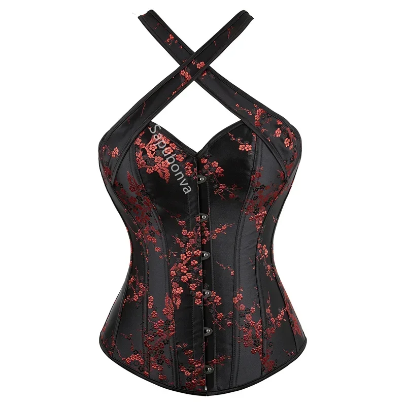 Corset Top Busier Halter Strap Plus Size Embroidery Flower Lace UP Overbust Burlesque Costume Sexy Lingerie Women Red Black F