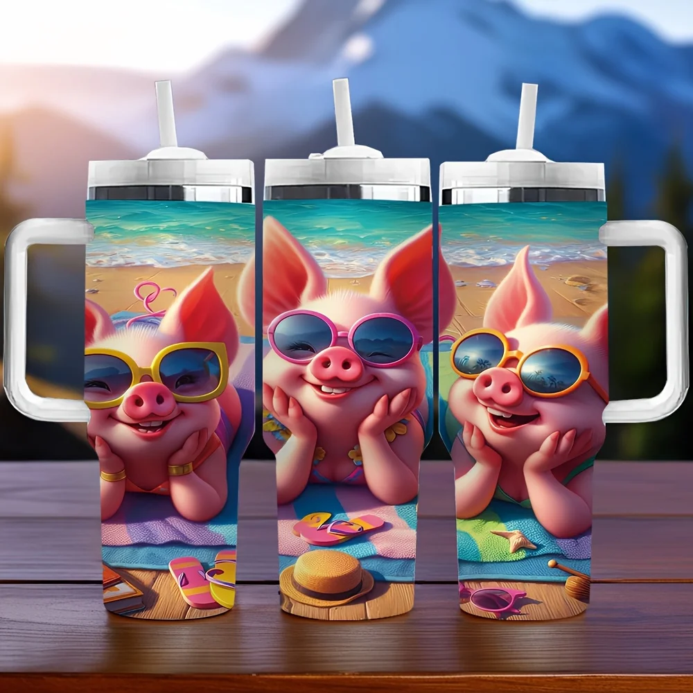 40Oz Insulated Tumbler with Handle, Cute Beach Pig Print, Suitable for Daily Use And Outdoor Scenes, Great Holiday And Birthday Gift for Animal Lovers