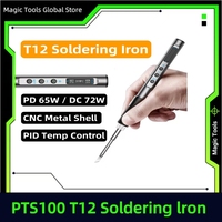 PTS100 T12 Soldering Iron Type-C Powered, PD Fast Charge, 65W High Power, Full Metal CNC Body, Adjustable Temperature