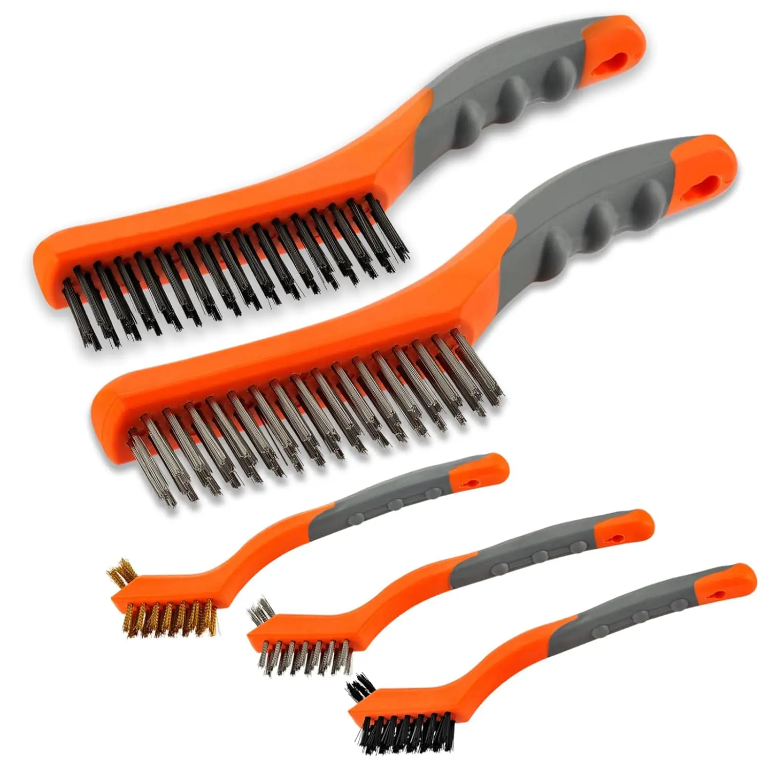 

5PCS Wire Brush Set: Nylon, Brass, Stainless Steel & Carbon Steel Bristles, Curved Rubber Handle for Rust, Paint, Dirt Removal