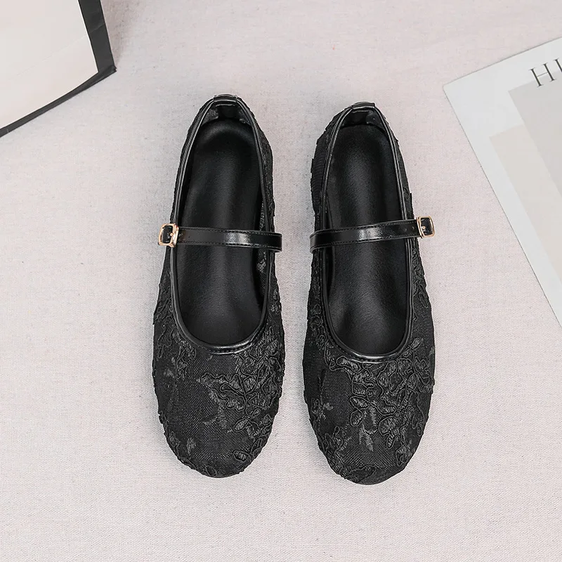 

Embroidered Mesh Flat Mary Jane Shoes Women's Breathable Round-Toe Spring Summer Flats