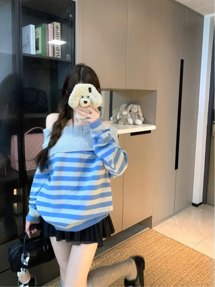 مخطط واحد يكتشف كسول طويل Sve محبوك سترة المرأة فضفاضة Faionable الخريف جديد Sle تخفيف فضفاضة تناسب تريكو