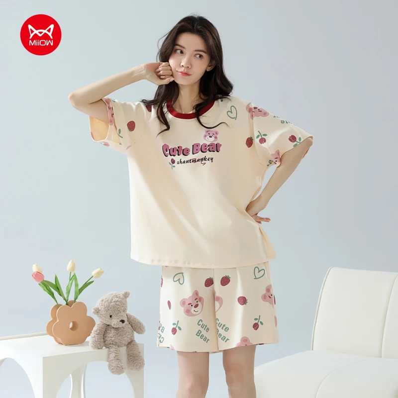 

MiiOW 2Pcs Women's Pajamas Set Cotton Summer Short Sleeve Woman Homewear Breathable Woman Sleepwear Cute Printed Girls Nightwear