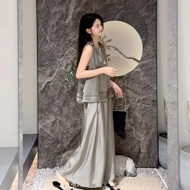 

Новый летний женский комплект из двух предметов в китайском стиле, элегантный свободный пуловер без рукавов, топ