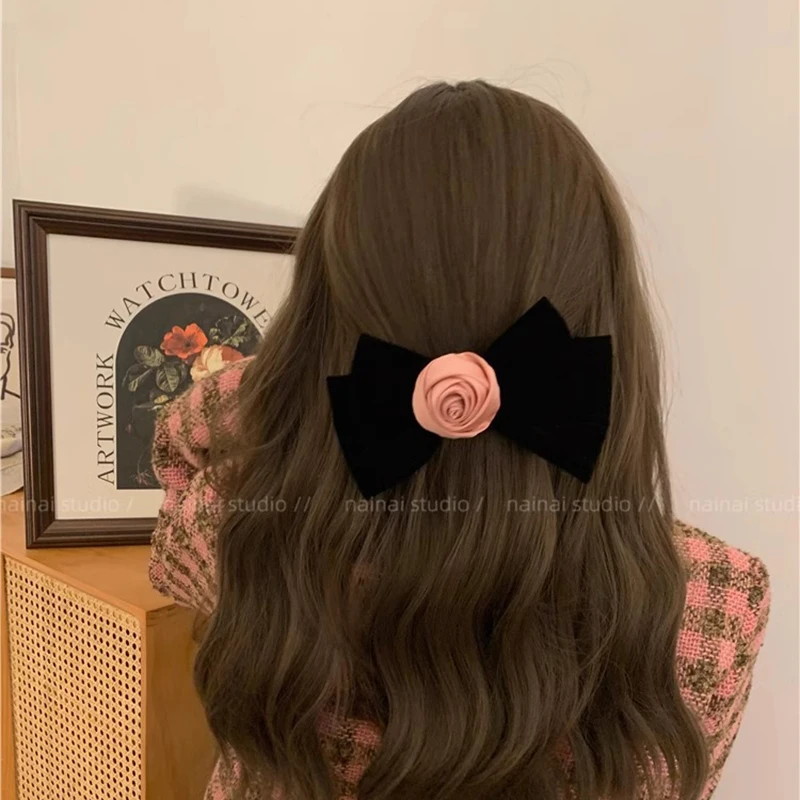 Black Velvet Headwear Versatile Large Size Grab Clip Camellia Hair Clip And Hair Ropes Fashion Set Hair Accessories Wholesale