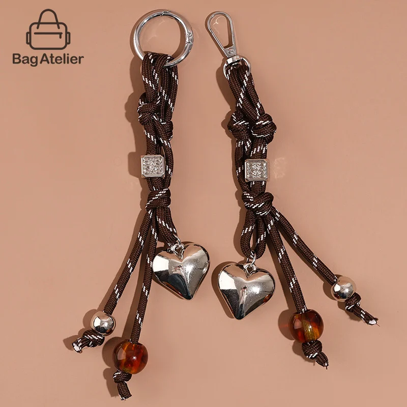 Fashion Creative Braided Rope Bag Pendant Keychain Silver Heart Car Keychain Fashion Simple Backpack Pendant Decoration