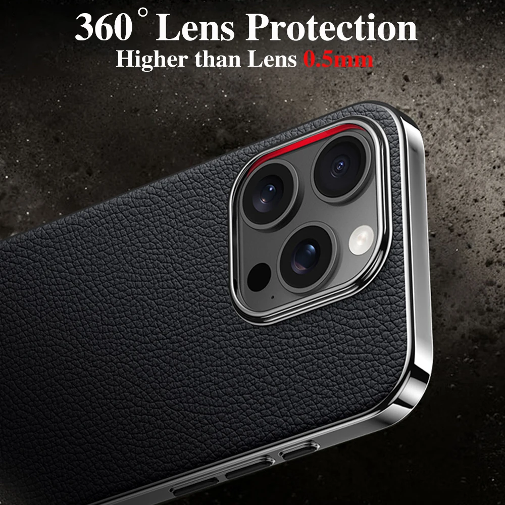 حافظة جلدية أصلية للآيفون ، جلد بقر أصلي مطلي ، نمط Lichee ، حماية للعدسة ، غطاء هاتف صلب مقاوم للصدمات ، 16 برو