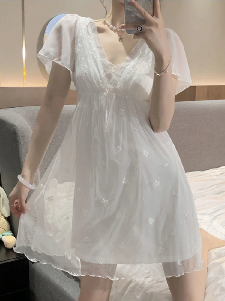 Lace Nightgowns Women High Waist Sweet Korean Style Princess Casual A-line Embroidery Trendy Nightwear Solid Ladies Temperament