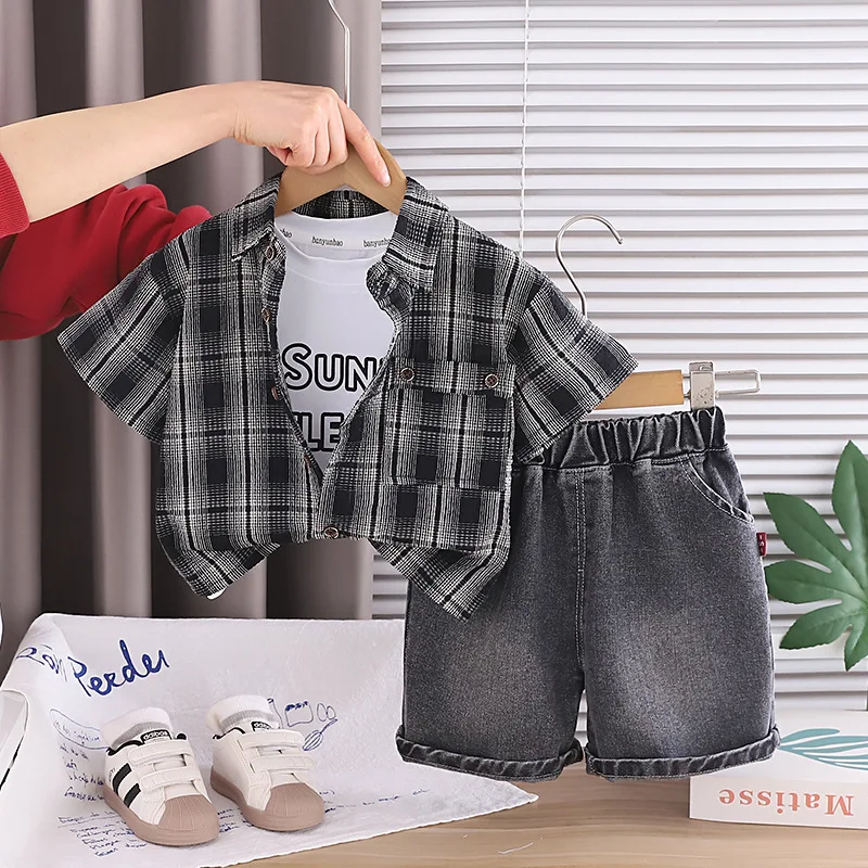 2026 New Boys Summer Outfit Kids Plaid Short Sleeve Shirt + T-shirt + Denim Shorts 3 Piece Set Children Fashion Toddler Clothes
