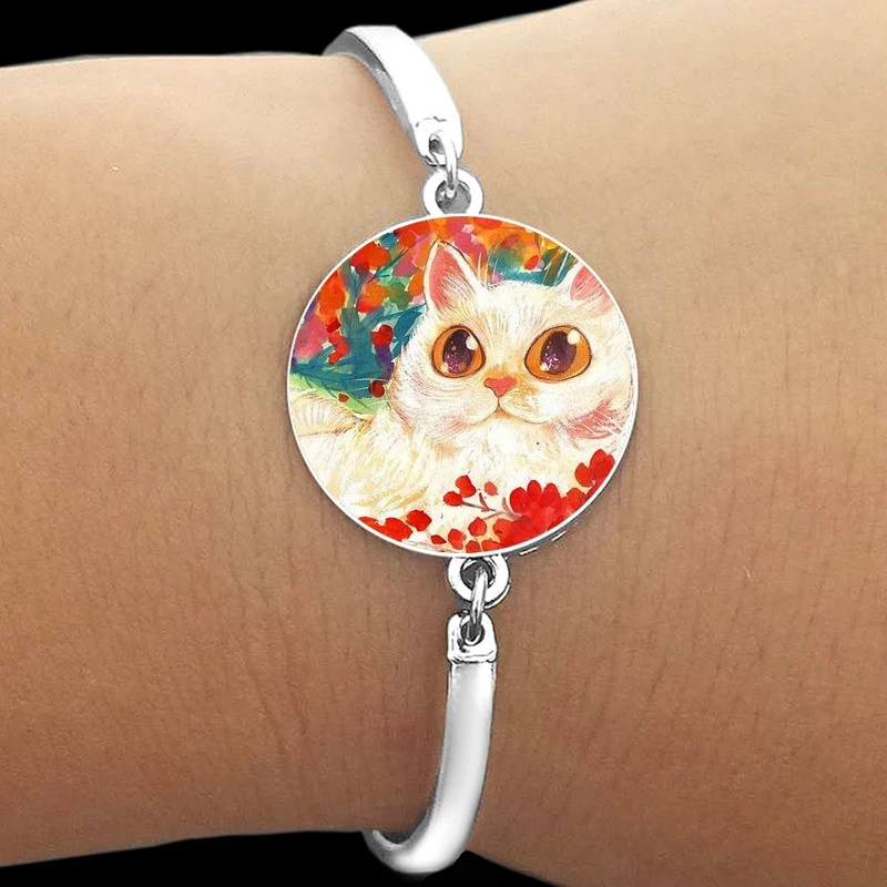 Bracelet chat dans le bosquet de fleurs, chat aux grands yeux peints en couleur, verre breton, métal, chat connaissant chaud, cadeau d'anniversaire 152