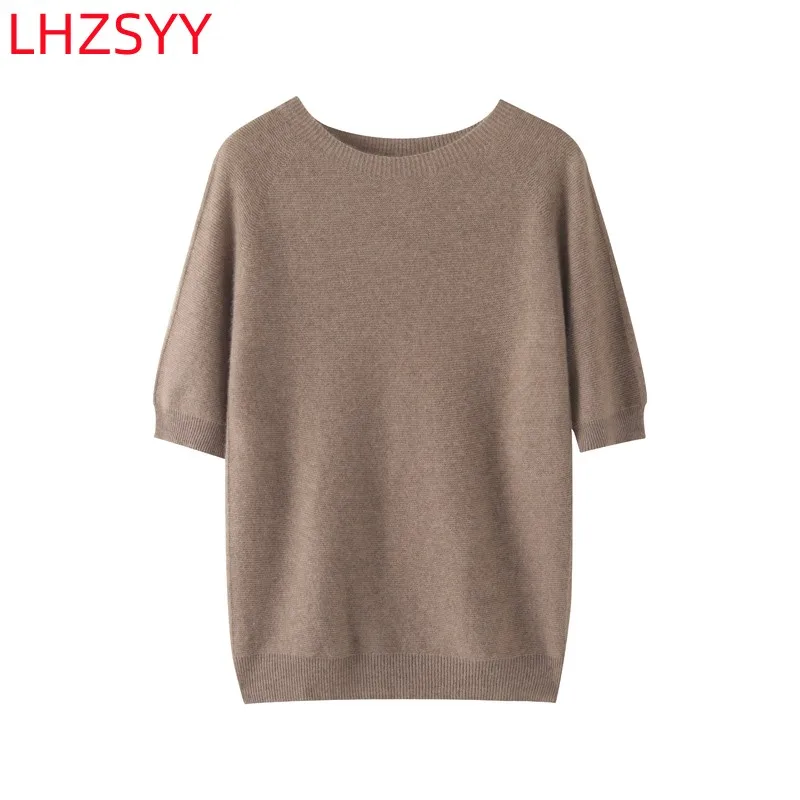 LHZSYY damski t-Shirt z krótkim rękawem z czystego kaszmiru letni nowy pulower z okrągłym dekoltem i półrękawem luźny Top wysokiej jakości