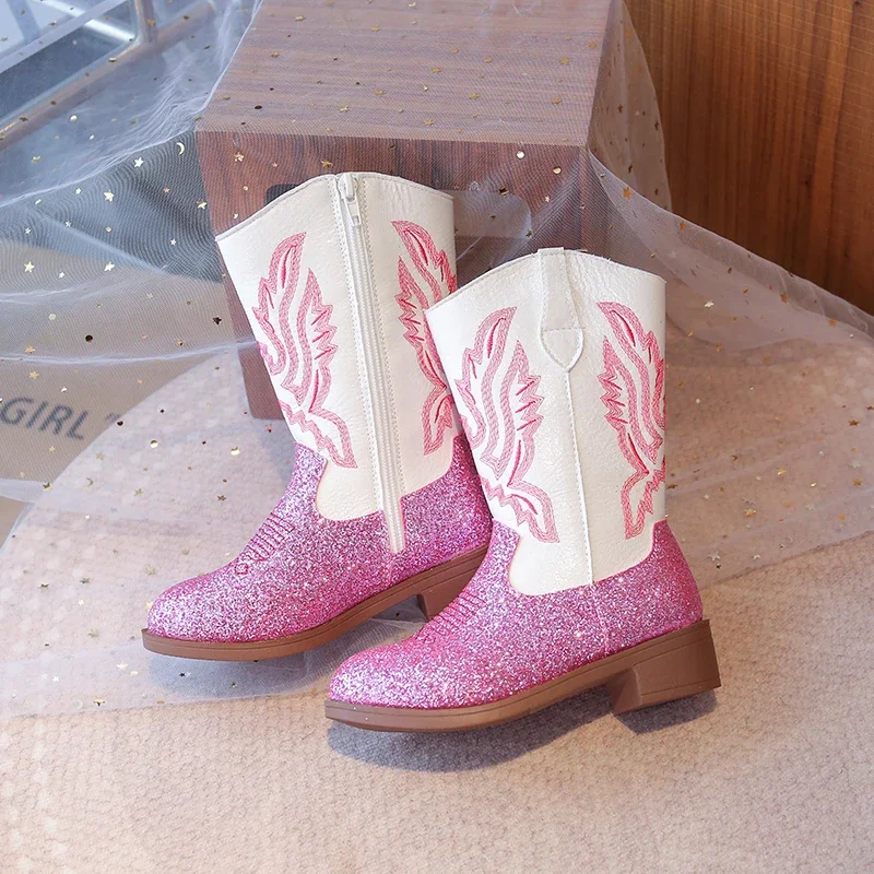 Kinder Mädchen Rosa Glitzer Western Cowboystiefel, Besticktes Design, Seitenreißverschluss, Rutschfeste Sohle für Verkleidungen & Freizeitkleidung EU-Größe – Detail 4