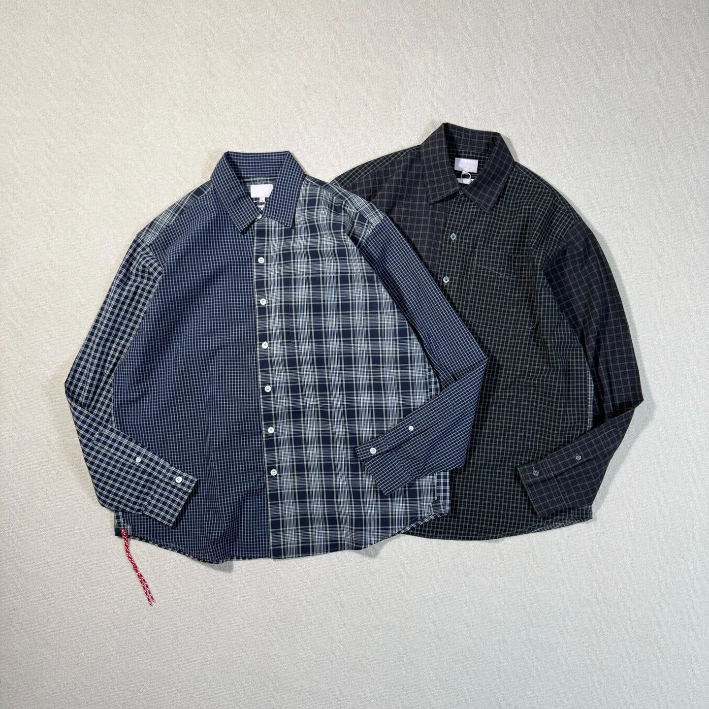 

BEAMS retro Japanese hem red rope decorative asymmetrical plaid pure cotton shirt