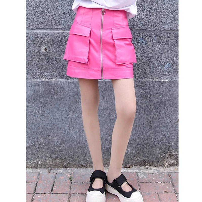 M-3XL Fashion Pink Real Leather Sheepskin Women's Short Skirts High Waisted A-line Zipper Big Pocket Female Y2K Lambskin Skirts