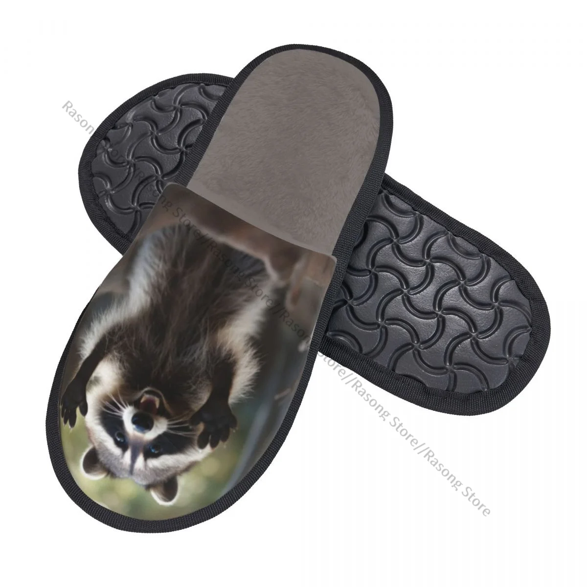 Winter Women Men Non-Slip Flat Slippers Raccoon Standing Up Indoor Fur Soft Warm Shoes