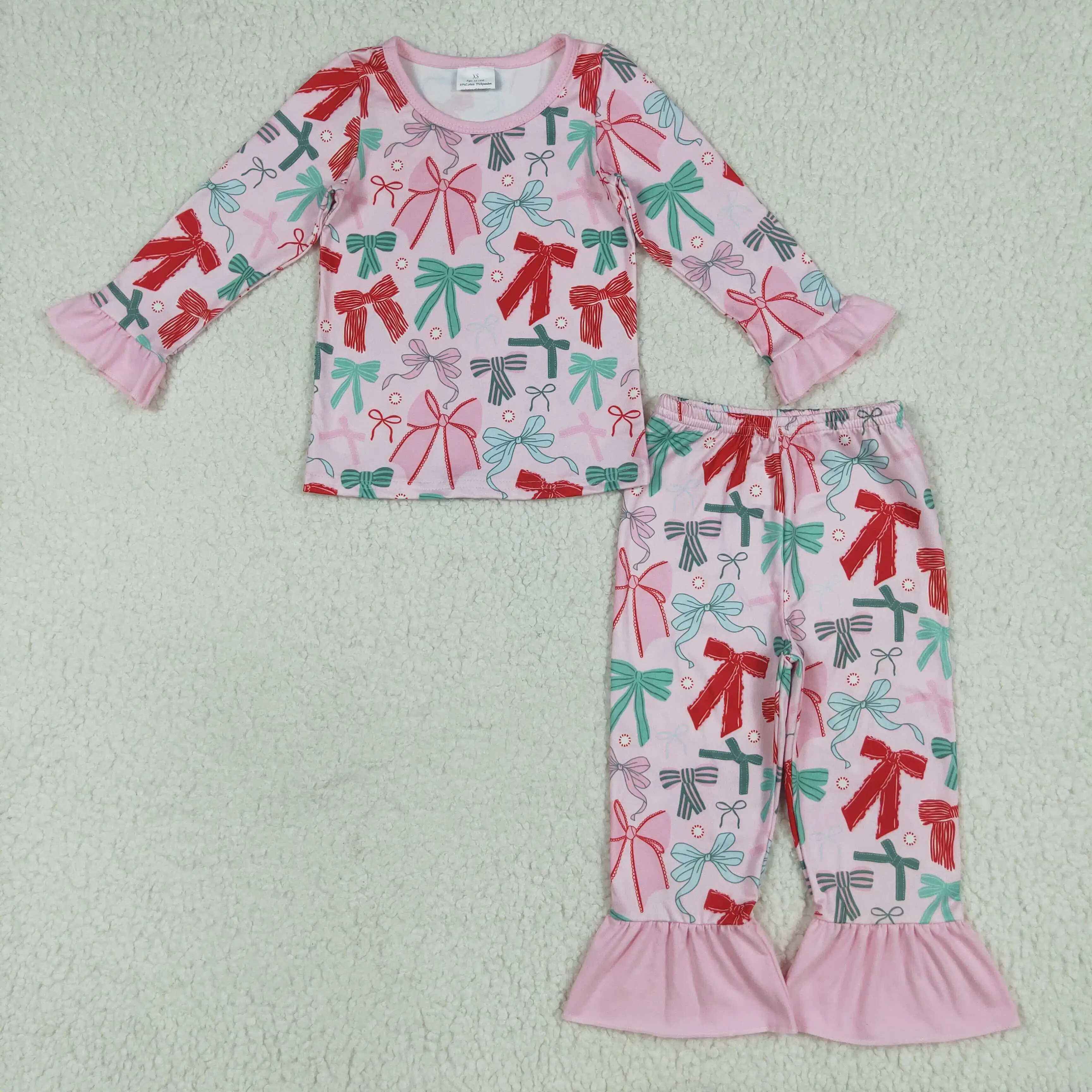 

New rts girls autumn clothing wholesale boutique bow pattern pink lace long sleeve long pants pajama set