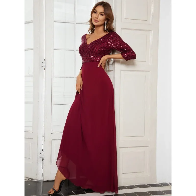 

Women's New High Quality Chiffon Double V-neck Long Skirt Fashion A-line Large Pendant Sequin Splicing Evening Dress