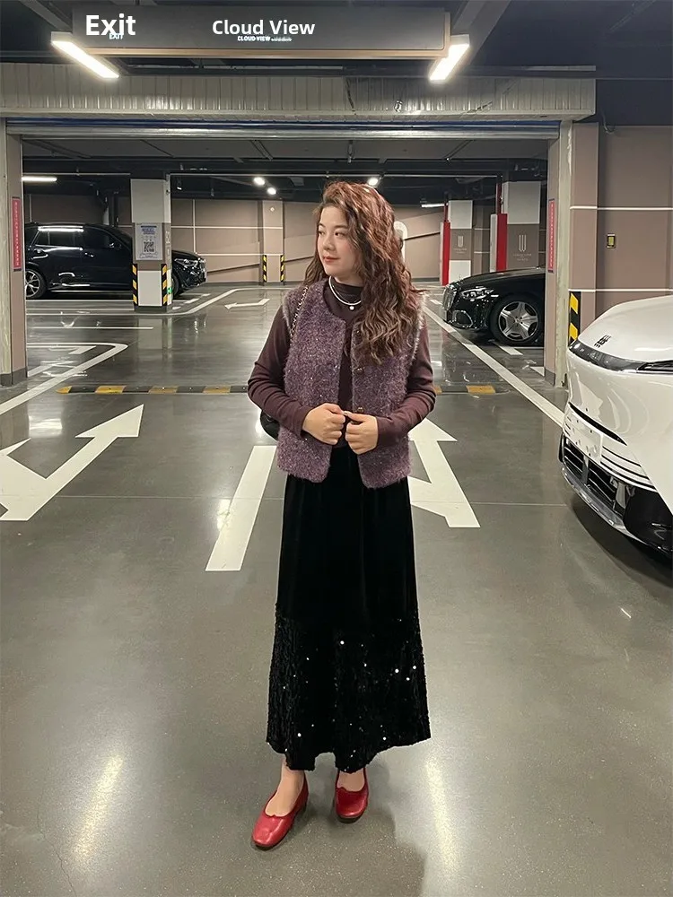 High Waist Shiny Sequin Velvet Drapey Half Skirt Women's Spring 2026 Slimming Bodycon Skirt Korean Style Breathable Skin-frie...