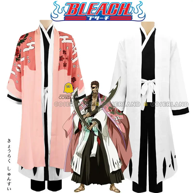 Kyoraku Shunsui Anime Bleach Cosplay Costume Pink Kimono Black Shinigami Attire Cloak Outfit Uniform Thousand-Year Blood War Men