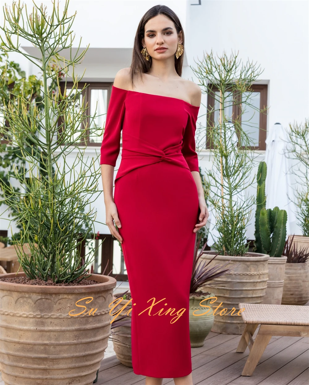 Customized  Graceful Off the ShouldSleeveless Evening Dress Delicate Flowers Ribbons Party Dress Classic Half Sleeves P