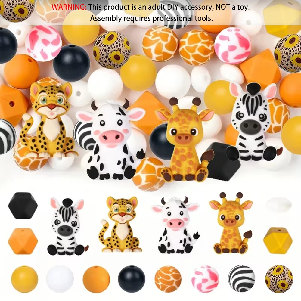 25-teiliges 3D-Tier-Silikonperlen-Set, Zebra, Kuh, Giraffe, Leopard, DIY-Perlenkette, Armband, Dekorationsstift, Schmuckanhänger, etc. Geburtstagsgeschenk für die Feiertage – Detail 1