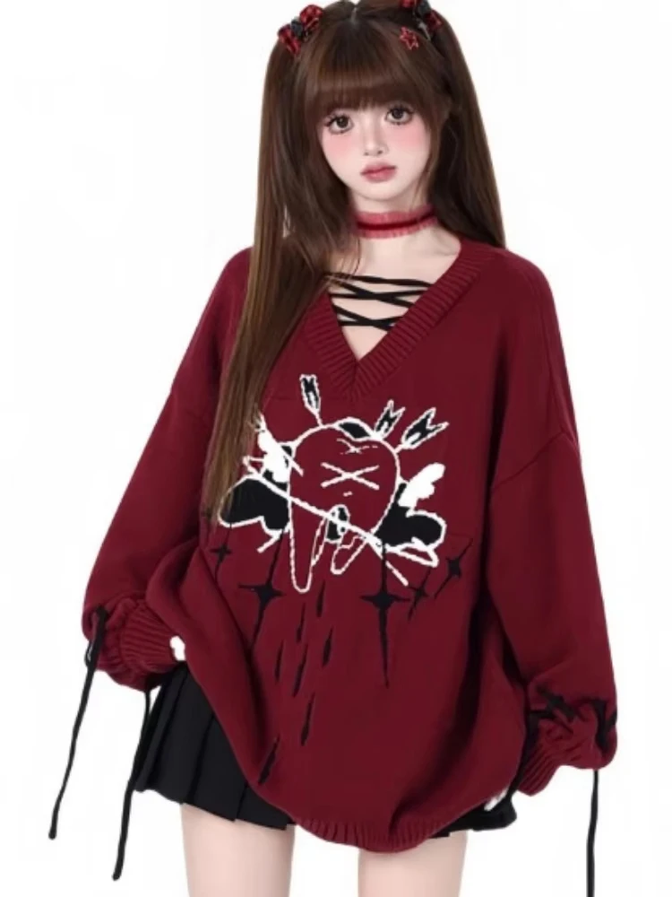 

Жаккардовые милые повседневные вязаные свитера в стиле гранж с героями мультфильмов, осень 2022, бандажные джемперы в стиле Харадзюку, эстетические винтажные свободные пуловеры Y2K