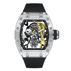 CRONUSART Men Tourbillon Watch 50mm*42mm Panda Skeleton Dial Tonneau Mechanical Wristwatch Sapphire Case Fluororubber Strap