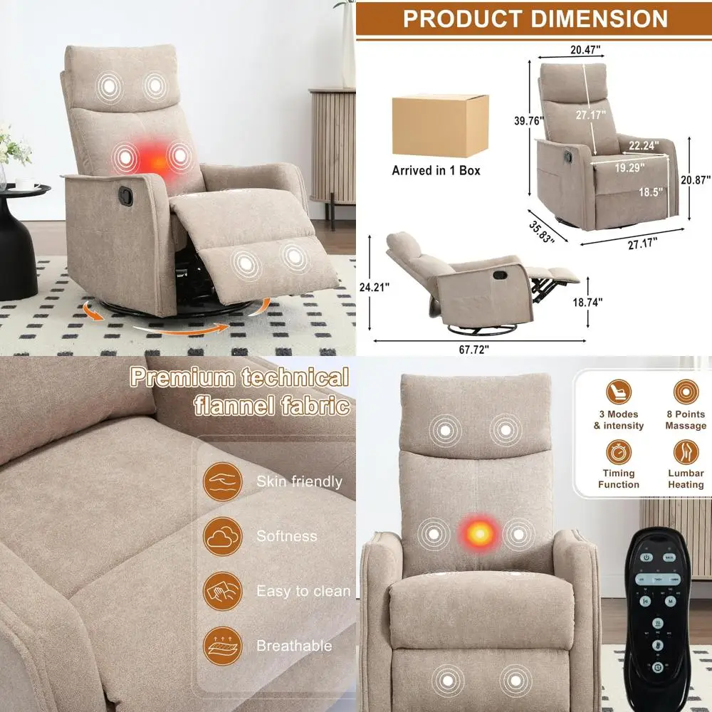 Manual Rocker Swivel Recliner Chair for Adults, Overstuffed Recliner Glider with Massage and Heat, Comfy Soft Fabric, Living Roo