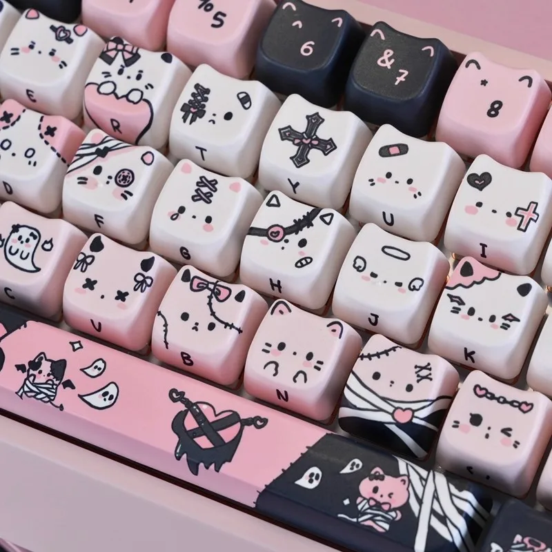 Cute Black Charm Cat Head Keycap Set Cartoon Heat Sublimation Game Mechanical Keyboard Keycap Compatible with Wooting 68ace