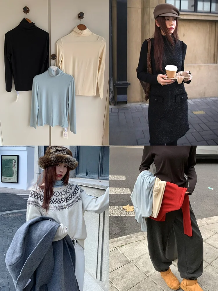 

Простая женская базовая футболка с высоким воротником и длинным рукавом, разноцветная, эластичная, для ношения под одеждой, облегающая, хлопковая, топ