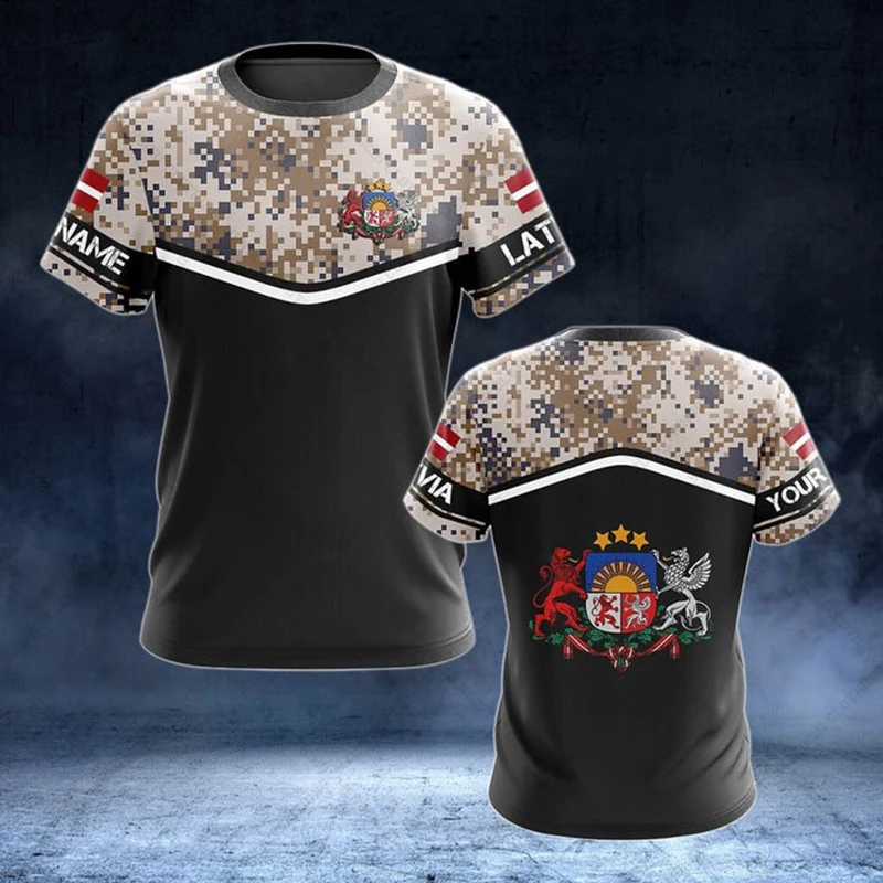 Custom Name Summer Casual Latvia Flag Camouflage Graphic T-shirts Men's Fashion Jersey Short Sleeve Tops Fast Dry Sportswear