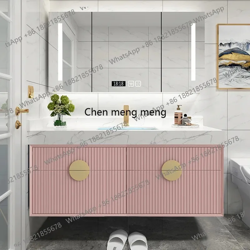E182 Pink Nordic Slate Smart Mirror Bathroom Cabinet Combination Modern Simple, Hand Washbasin Hanging Cabinet