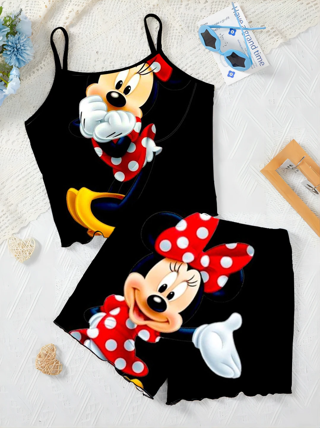 Slip Dress T-shirt Lettuce Trim Minnie Mouse Top Mickey Elegant Women's Sets Disney Pajama Skirt Pieces Short Suit Disney Mickey