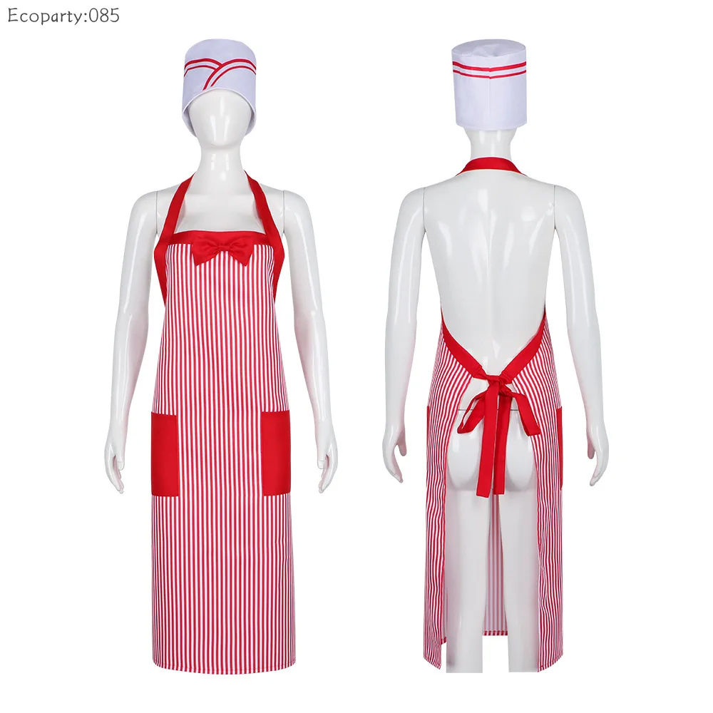 

Red and White Striped Chef Apron Cosplay Costumes Holiday Dress up Waiter Chef Suit Non-woven Hat Set Outfits for Women and Men